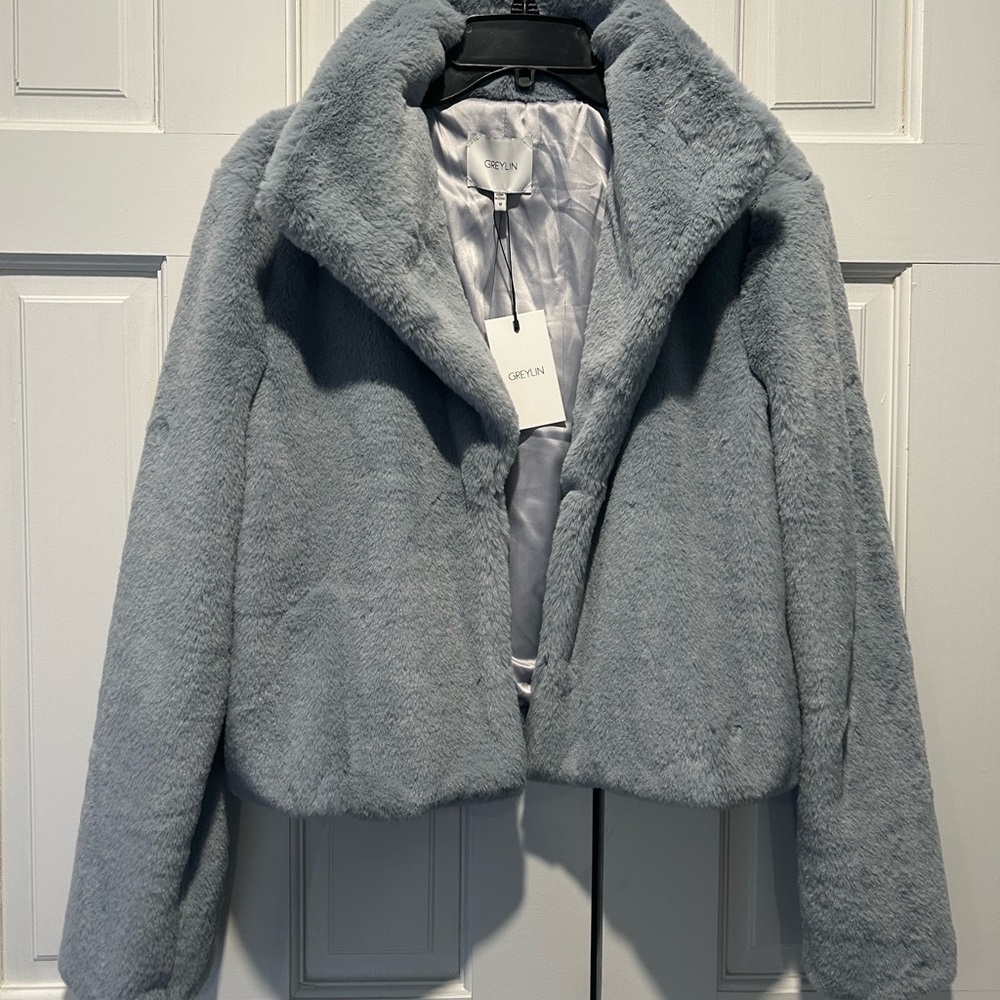 Greylin Glacier Blue Faux Fur Cropped Jacket